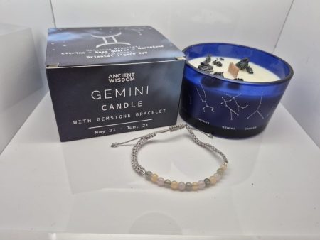 Świeca sojowa Zodiak Bliźnięta + Bransoletka Cytryn, Kwarc Różowy, Kamień Księżycowy