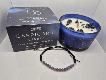 Świeca sojowa Zodiak Koziorożec+ Bransoletka Ametyst, Kwarc Dymny
