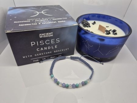 Świeca sojowa Zodiak Ryby+ Bransoletka Kamień Księżycowy, Turkus, Akwamaryn