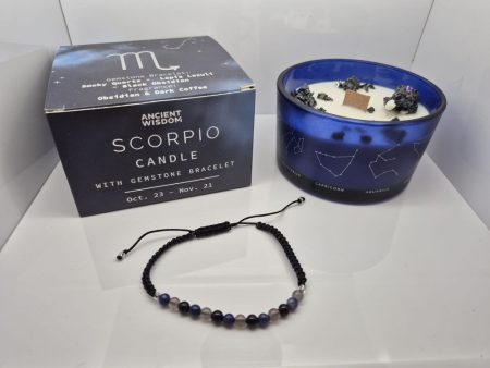 Świeca sojowa Zodiak Skorpion+ Bransoletka Kwarc Dymny, Lapis Lazuli, Obsydian